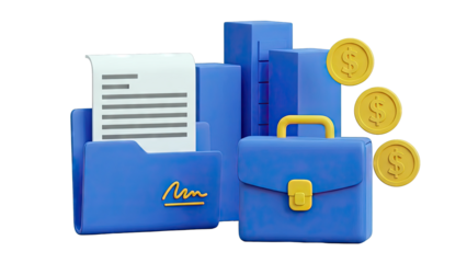 Business and Finance 3D Icons: Folder, Briefcase, Coins, and Buildings