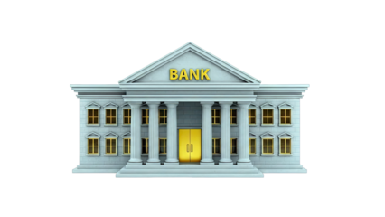 3D Render of a Classic Bank Building with Columns and Golden Doors