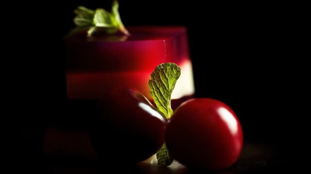 Close up of layered dessert with fresh fruit and mint leaves on black