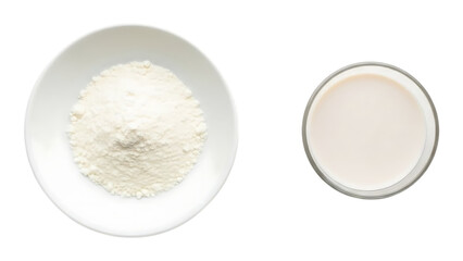 A visual comparison of powdered milk and a glass of prepared milk showcasing different states