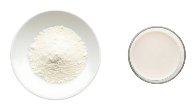 A visual comparison of powdered milk and a glass of prepared milk showcasing different states