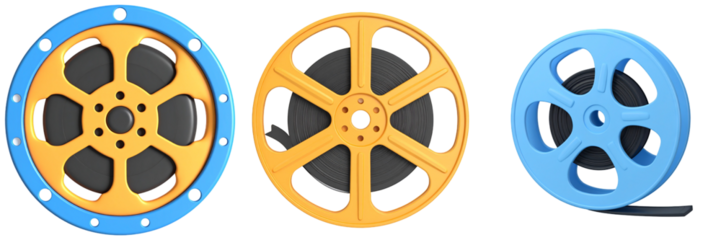 Three Colorful Film Reels On Transparent Backgrounds Showing Cinematic History and Media Technology