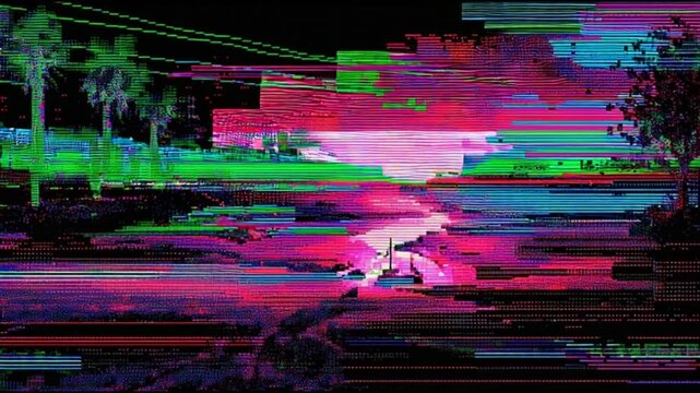 A vibrant retro 8-bit pixel art glitch effect on a serene landscape scene with distorted trees and a radiant pink sky