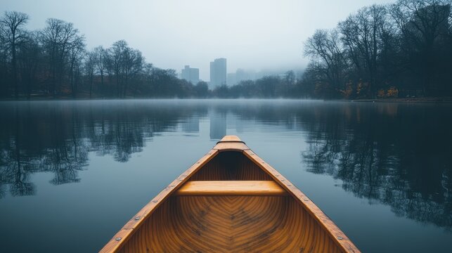 Canoe on misty lake with city skyline reflection in early morning fog
