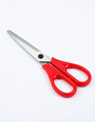 Open pair of scissors with red handles on white