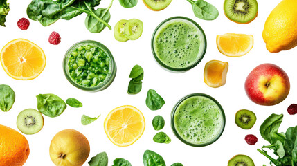 Smoothie ingredients arranged in a flat lay fresh fruits and vegetables on transparent background