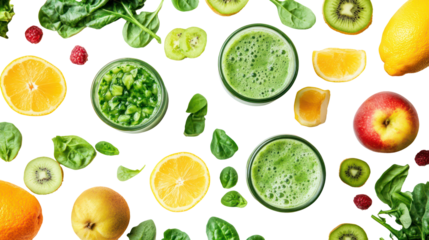 Smoothie ingredients arranged in a flat lay fresh fruits and vegetables on transparent background