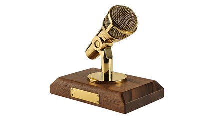 Golden microphone award trophy on wooden base
