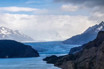 Impressive outlook on Grey Glacier from Paine Grande to Refugio Grey, along lake grey in Torres Del Paine national park, Patagonia, Chile.