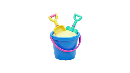 Brightly Colored Toy Bucket with Sand and Shovels