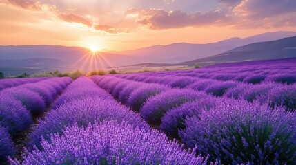 Vast rolling fields of vibrant purple lavender bloom stretch toward distant hazy mountains under a magnificent golden hour sunset creating a breathtaking natural landscape scene.