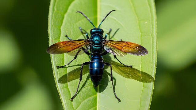 Metallic blue tarantula hawk wasp on green leaf, iridescent pepsis wasp with orange wings, macro photography of stinging insect in nature