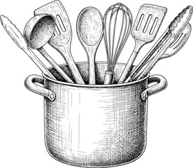 Detailed handdrawn sketch of a stockpot filled with kitchen utensils like a whisk spatula and ladle. © Vhya