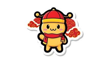 Fototapeta premium Happy cartoon clown with a red hat and white beard holding a gift and a balloon for a chinese new year winter holiday celebration illustration isolated on white