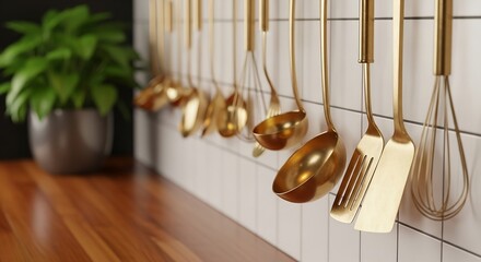 Close-up of elegant gold-colored cooking tools including ladles and whisks hanging on a white tiled kitchen wall.