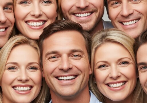 Group of happy caucasian men and women smiling warmly at the camera. Diverse people with perfect white teeth for dental health or family concept.