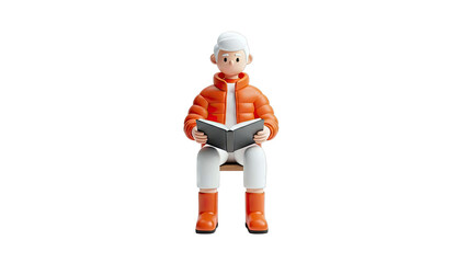 3D character in puffer jacket and boots reading a book