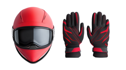 Snowboard helmet with gloves top-down view on transparent background