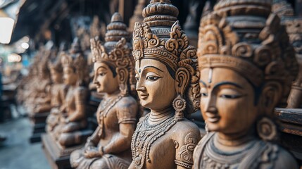 Wooden statues in a row, intricate detail
