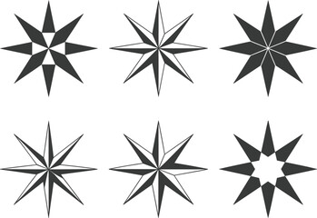 Fototapeta premium Six Black Starburst and Compass Rose Designs on White Background Keywords: starburst, compass rose, star, symbol, icon