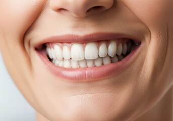 Obraz premium Womans beautiful white smile showing healthy teeth and gums. Dental health and oral hygiene concept for dentistry and cosmetic treatment.