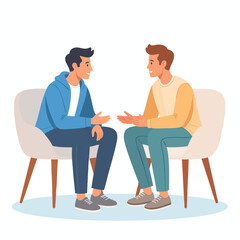 Two men engaged in a conversation while seated on chairs facing each other in a simple setting