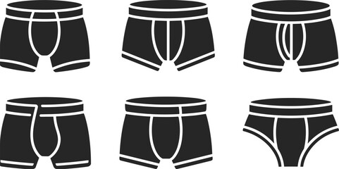 Six black silhouette icons of men's boxer briefs and trunks on white background Keywords: boxer briefs, trunks, underwear, mens © MDBENJIR
