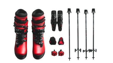 Snowboard ski boots snowboard boots ski poles flat lay isolated on transparent background