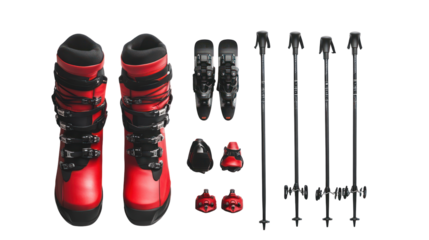 Snowboard ski boots snowboard boots ski poles flat lay isolated on transparent background