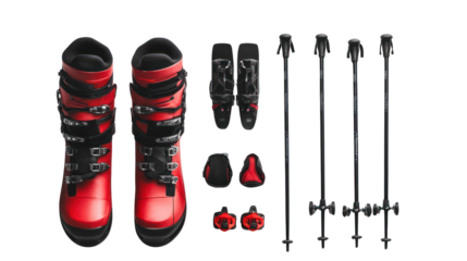 Snowboard ski boots snowboard boots ski poles flat lay isolated on transparent background