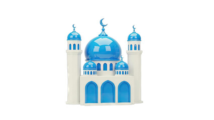 3D Model of a Blue and White Mosque with Crescent Moons