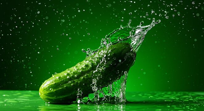 Cucumber's Fresh Splash: Emerald Green Still Life, Water Droplets.