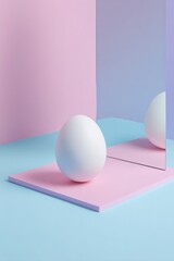 Egg on platform, reflected by mirror against pastel pink/blue background