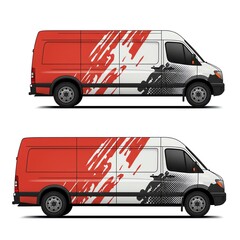 White and red van with abstract graphic design