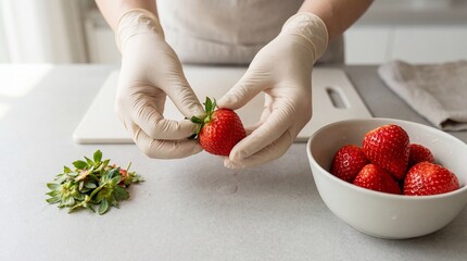 Hands wearing protective gloves removing green stem from fresh red strawberry in kitchen
