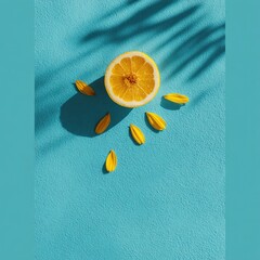 Halved lemon & petals on blue with shadow