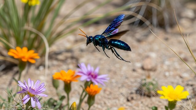 Iridescent blue tarantula hawk wasp flying over desert wildflowers, metallic pepsis wasp in mid-air flight, wild nature macro photography