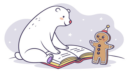 Obraz premium Polar bear reading to gingerbread man