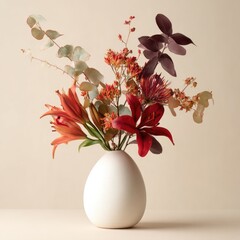Floral arrangement lilies, eucalyptus, berries, in egg-shaped vase on neutral surface