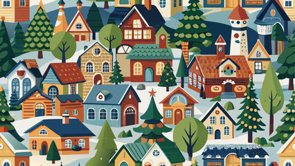 Colorful village homes surrounded by trees