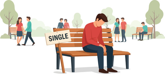 A lonely man sitting on a park bench with a single sign on transparent background