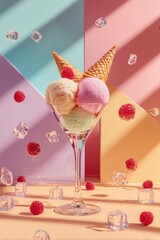 Ice cream sundae with raspberries, ice cubes on a pastel background