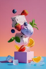 Floating ice cream scoops and fruit with a pink gradient background