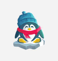 Fototapeta premium Adorable penguin character with blue winter hat and red scarf on ice