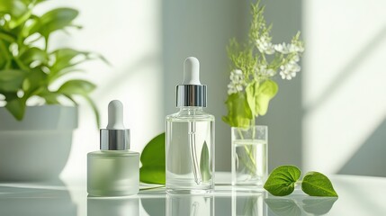 Assortment of elegant cosmetic skincare product bottles and jars featuring natural green foliage highlights emphasizing organic beauty treatments and gentle hydration routines in soft sunlight