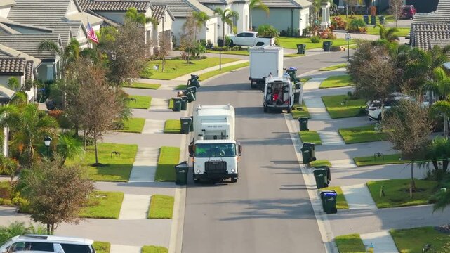 Garbage truck loading trash bin from the curb of American neighborhood.