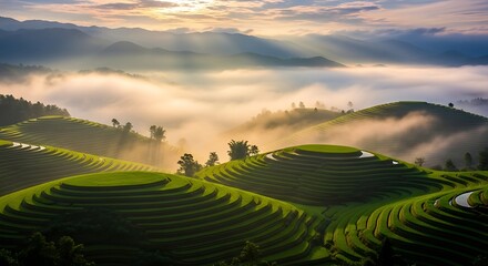 Misty Sunbeams Illuminate Lush Green Terraced Rice Fields in a Mountainous Landscape