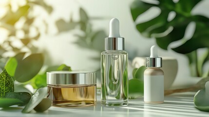 Assortment of elegant cosmetic skincare product bottles and jars featuring natural green foliage highlights emphasizing organic beauty treatments and gentle hydration routines in soft sunlight