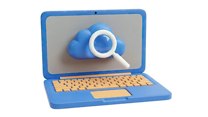 3D Render: Laptop displaying cloud icon with magnifying glass