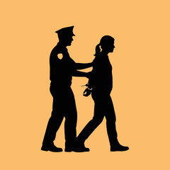 Police Officer Arresting Woman Silhouette Profile.